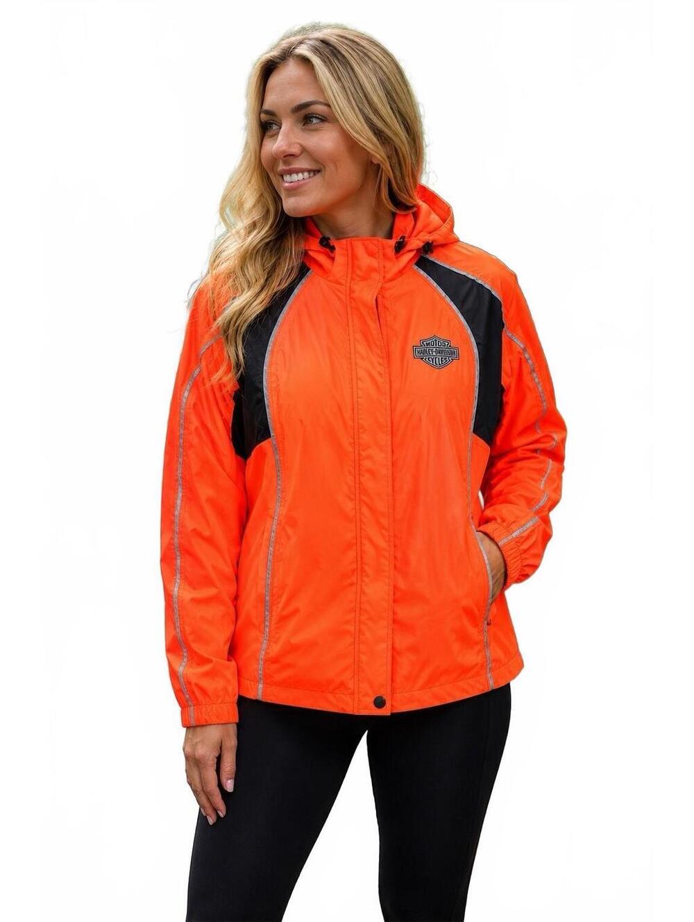 Harley-Davidson Women's Small Hi-Vis Orange Reflective Hooded Rain Jacket Mesh L